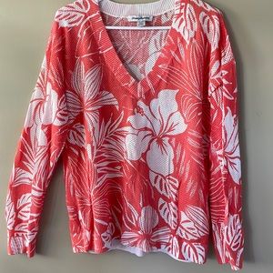Tropical coral/white print open weave  lightweight sweater